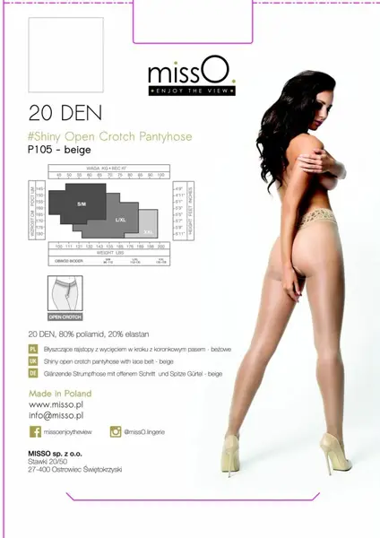 MissO P105 Sheer Tights with Lace Trim and Open Gusset Beige S/M