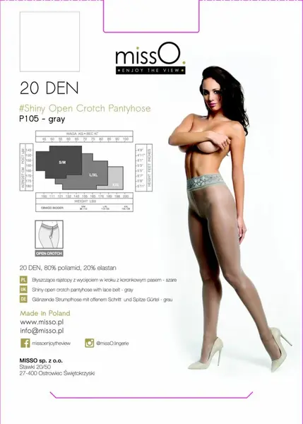 MissO P105 Grey L/XL Tights with Lace Trim and Open Gusset