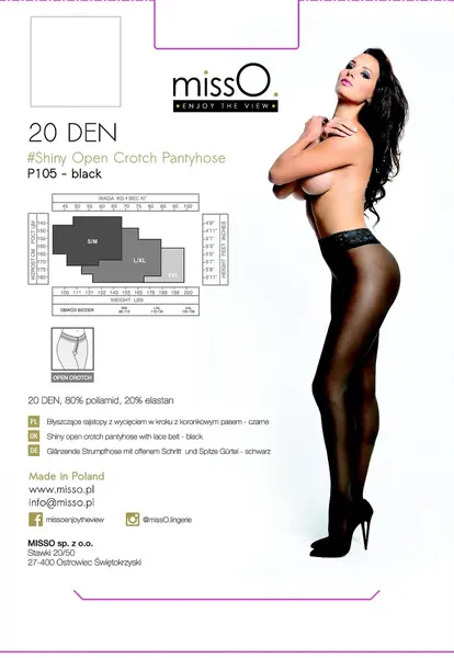 MissO P105 Black L/XL Tights with Lace Detail and Open Gusset