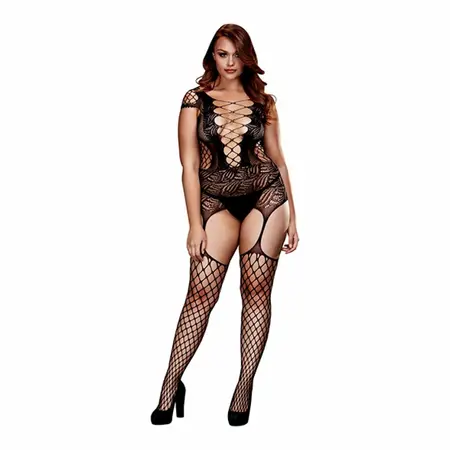 Baci Bodystocking Queen Size Fishnet Corset-Style Black Bodysuit