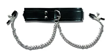 Sportsheets Vegan Leather Collar with Adjustable Clamps, Black, 27cm Chains