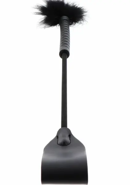 Crop Whip & Feather Tickler Dual-Sided PU Leather Black 38cm