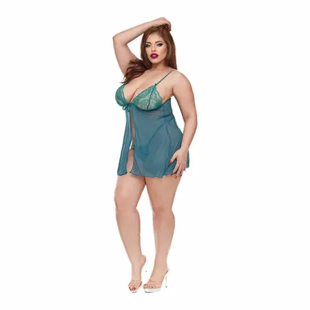 Baci Lingerie Angel's Kiss Babydoll & Panty Set Green QS - Elegant Lace Design