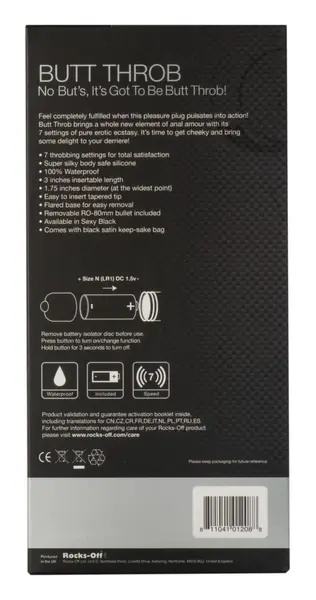 Rocks-Off Butt Throb 7-Speed Intimate Silicone Plug Black 95mm