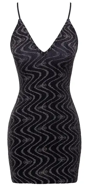 Cottelli PARTY Mini Dress M Black with Silver Zig-Zag Pattern Adjustable Straps