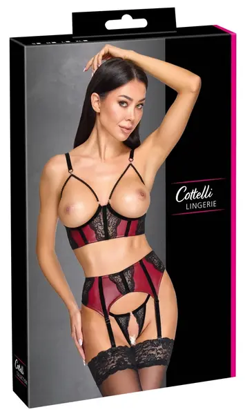 Cottelli LINGERIE Set Bra, Suspender Belt & String XL Dark Red/Black