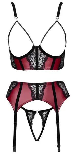 Cottelli LINGERIE Set Bra, Suspender Belt & String XL Dark Red/Black