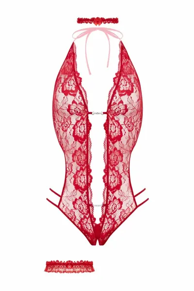 Christine Bodyset Renee Red - Elegant Lace Bodysuit, Open Crotch