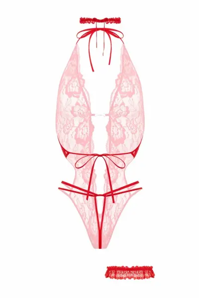Christine Bodyset Renee Red - Elegant Lace Bodysuit, Open Crotch