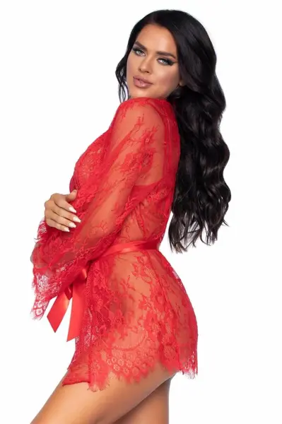 Leg Avenue Set Body & Kimono Eyelash Lace RedAdjustable Straps