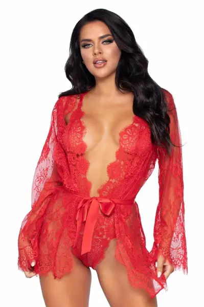 Leg Avenue Set Body & Kimono Eyelash Lace RedAdjustable Straps