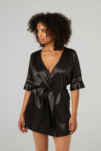 Christine le Duc Kimono Sensuality Satin Short Robe with Lace Accents