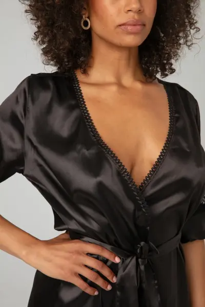 Christine le Duc Kimono Sensuality Satin Short Robe with Lace Accents