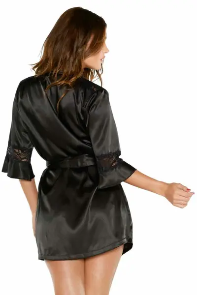 Christine le Duc Kimono Sensuality Satin Short Robe with Lace Accents