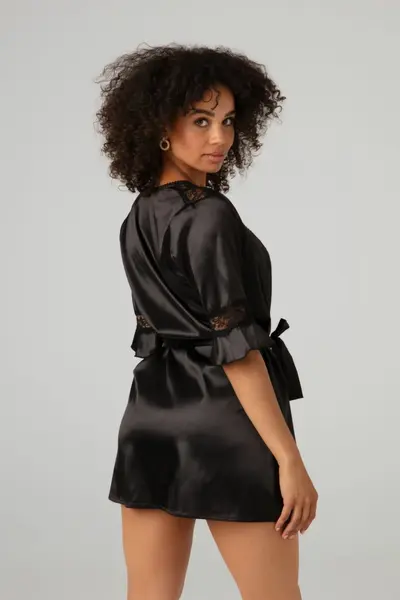 Christine le Duc Kimono Sensuality Satin Short Robe with Lace Accents