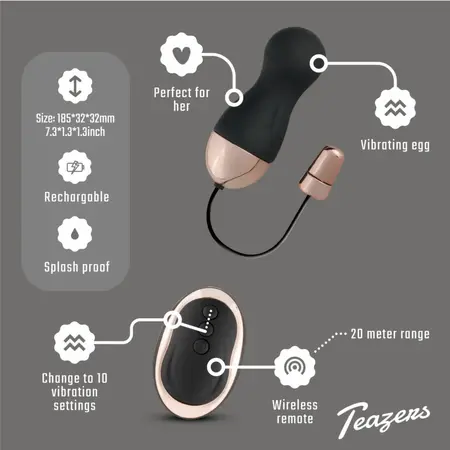 Teazers Vibrating Egg Black Remote Control 10 Modes Rechargeable