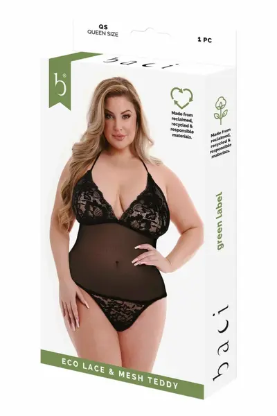 Baci Eco Lace & Mesh Teddy Black Queen Size - Sustainable Elegance