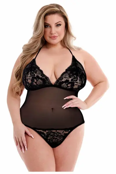 Baci Eco Lace & Mesh Teddy Black Queen Size - Sustainable Elegance