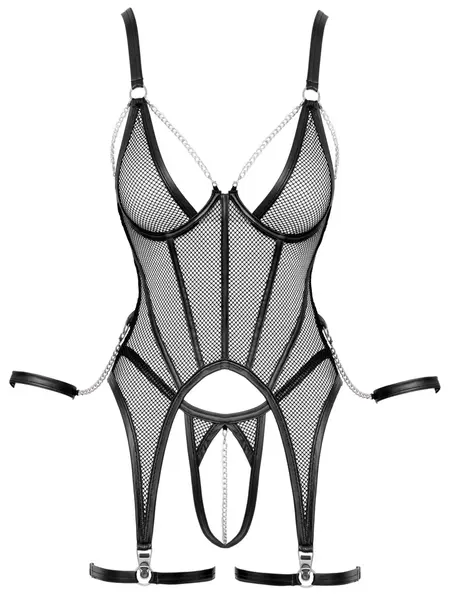 Cottelli BONDAGE Basque Set L - Black Net & Matte Look, Adjustable, Chains