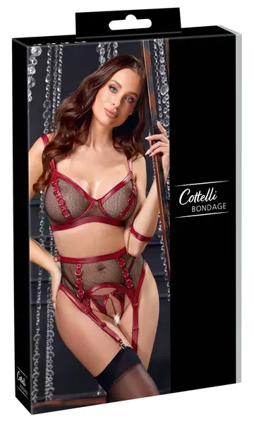 Cottelli BONDAGE Bra Set L - Black & Red Net Matte Look, Adjustable, with Restraints