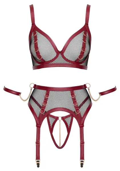 Cottelli BONDAGE Bra Set L - Black & Red Net Matte Look, Adjustable, with Restraints