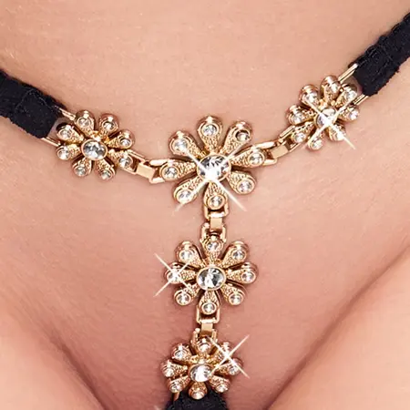 Cottelli LINGERIE String Flowers S-L Adjustable Black Rhinestone Detail