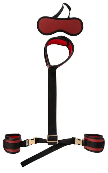 Bad Kitty Neck to Wrist Bondage Set Black/Red Adjustable with Blindfold