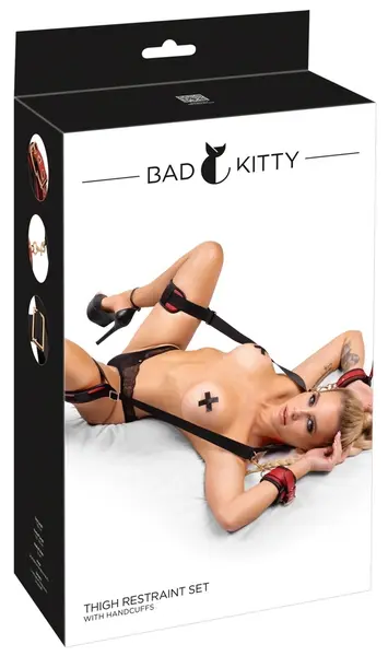 Bad Kitty Neck/Thigh Restraint Set Black-Red, Adjustable, PU Leather