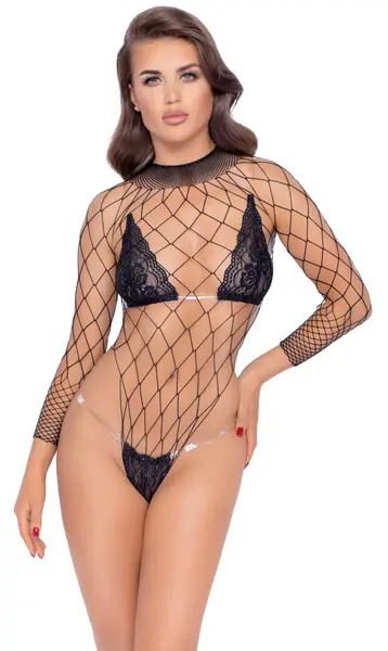 Cottelli Body Fantasy S-L Black Mesh Bodysuit, Long Sleeve, Large Net