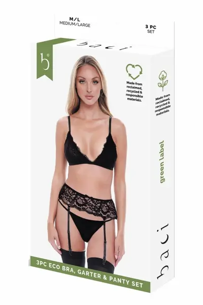 Baci 3 PCS. ECO Bra, Garter & Panty Set Black S/M - Sustainable Elegance