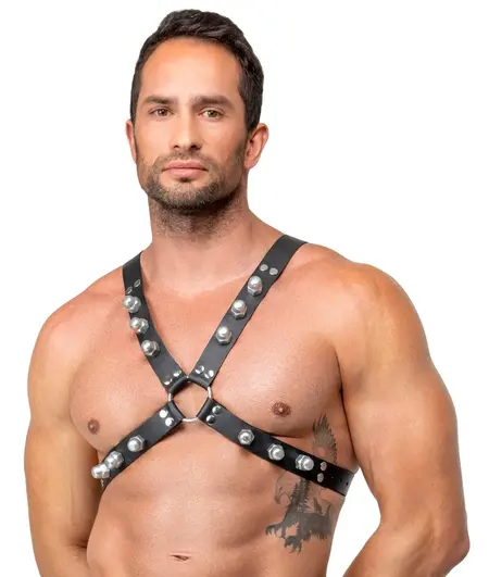ZADO Leather Chest Harness Black - Adjustable X-Shape, Metal Studs S-L