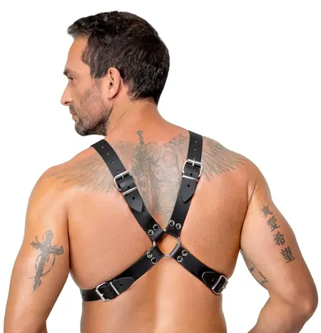 ZADO Leather Chest Harness Black - Adjustable X-Shape, Metal Studs S-L