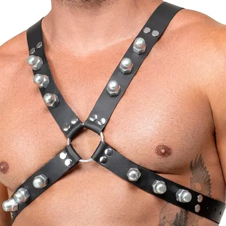 ZADO Leather Chest Harness Black - Adjustable X-Shape, Metal Studs S-L