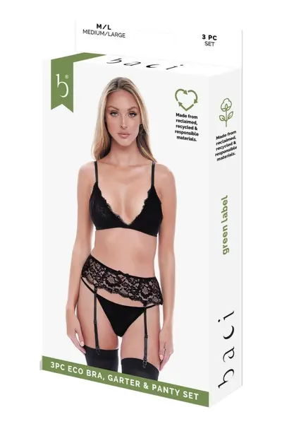 Baci 3 PCS. ECO Bra, Garter and Panty Set Black M/L - Sustainable Elegance