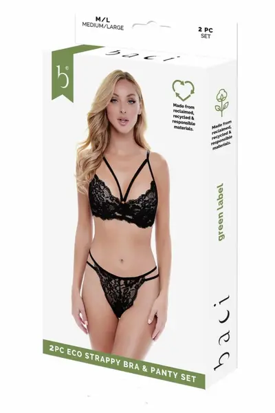 Baci 2 PCS. ECO Strappy Bra and Panty Set Black S/M - Sustainable Lace