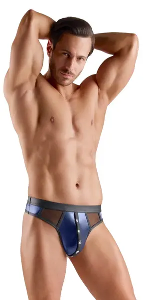 Svenjoyment Men's Thong 2XL Dark Blue Wetlook Mesh Accents