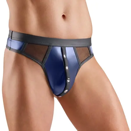 Svenjoyment Men's Thong XL Dark Blue with Net Inserts & Snap Detail