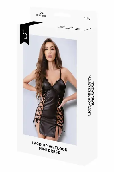 Baci Lace-Up Wetlook Mini Dress Black Adjustable Straps OS
