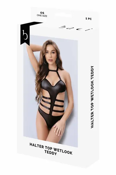 Baci Halter Top Wetlook Teddy Black OS - Sleek Polyester Bodysuit