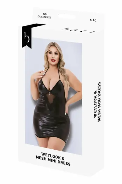 Baci Wetlook & Mesh Mini Dress Black, Model QS - Elegant Contrast Design