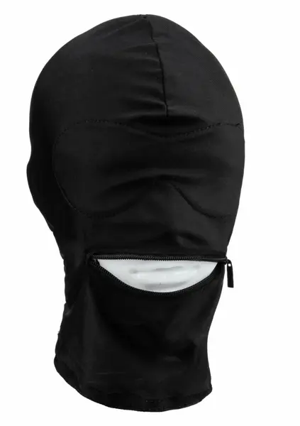 Fetish Hood Sensory Play Mask with Blindfold and Zippered Mouth Black