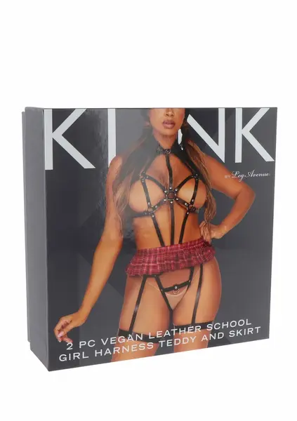 Kink Vegan Leather Harness Set with Collar & Plaid Skirt, Adjustable M