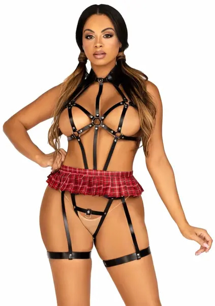 Dreamgirl Vegan Leather Harness Set with Collar & Plaid Skirt, Adjustable