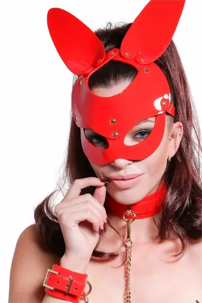 Kinky Diva Bunny Mask Red High Gloss Vegan Leather Adjustable 65cm