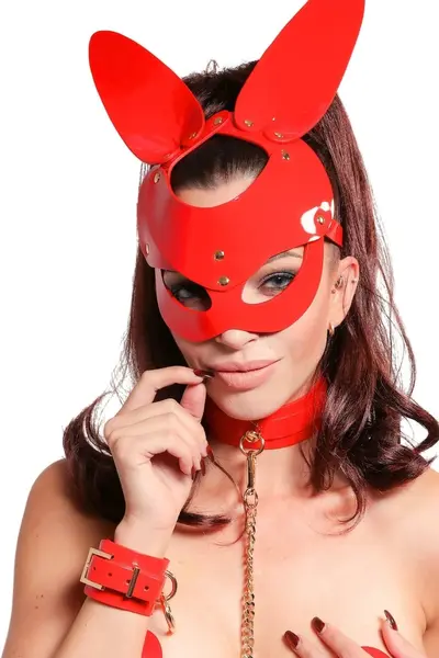 Kinky Diva Bunny Mask Red High Gloss Vegan Leather Adjustable 65cm