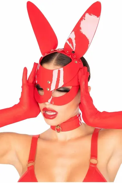 Kinky Diva Bunny Mask Red High Gloss Vegan Leather Adjustable 65cm