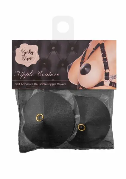 Kinky Diva PU Leather Nipple Covers Ring Black Reusable Adhesive