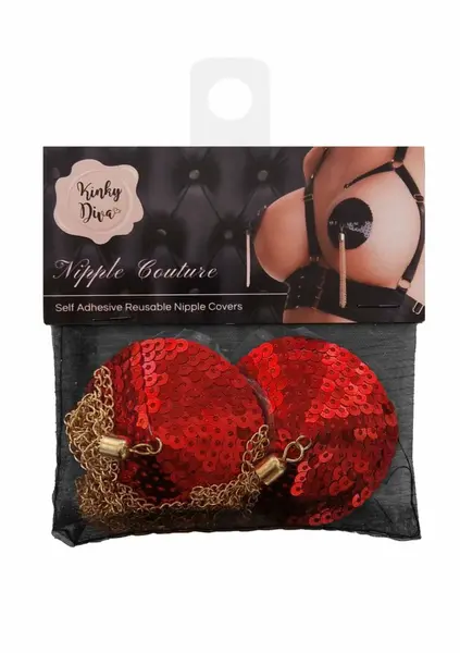Sequin Nipple Covers with Decorative Gold Chain, Reusable, Gold