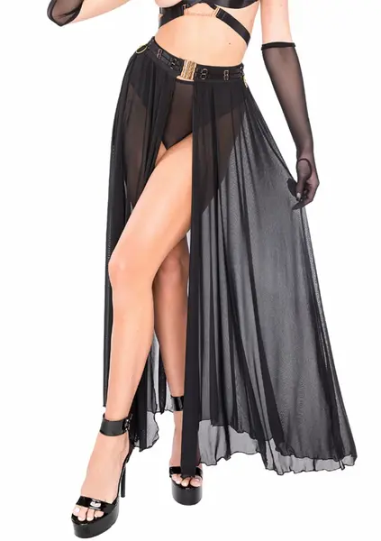 Kinky Diva Goddess Skirt Mesh Long Flared with Bondage Details Black S/M