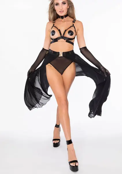 Kinky Diva Goddess Skirt Mesh Long Flared with Bondage Details Black S/M